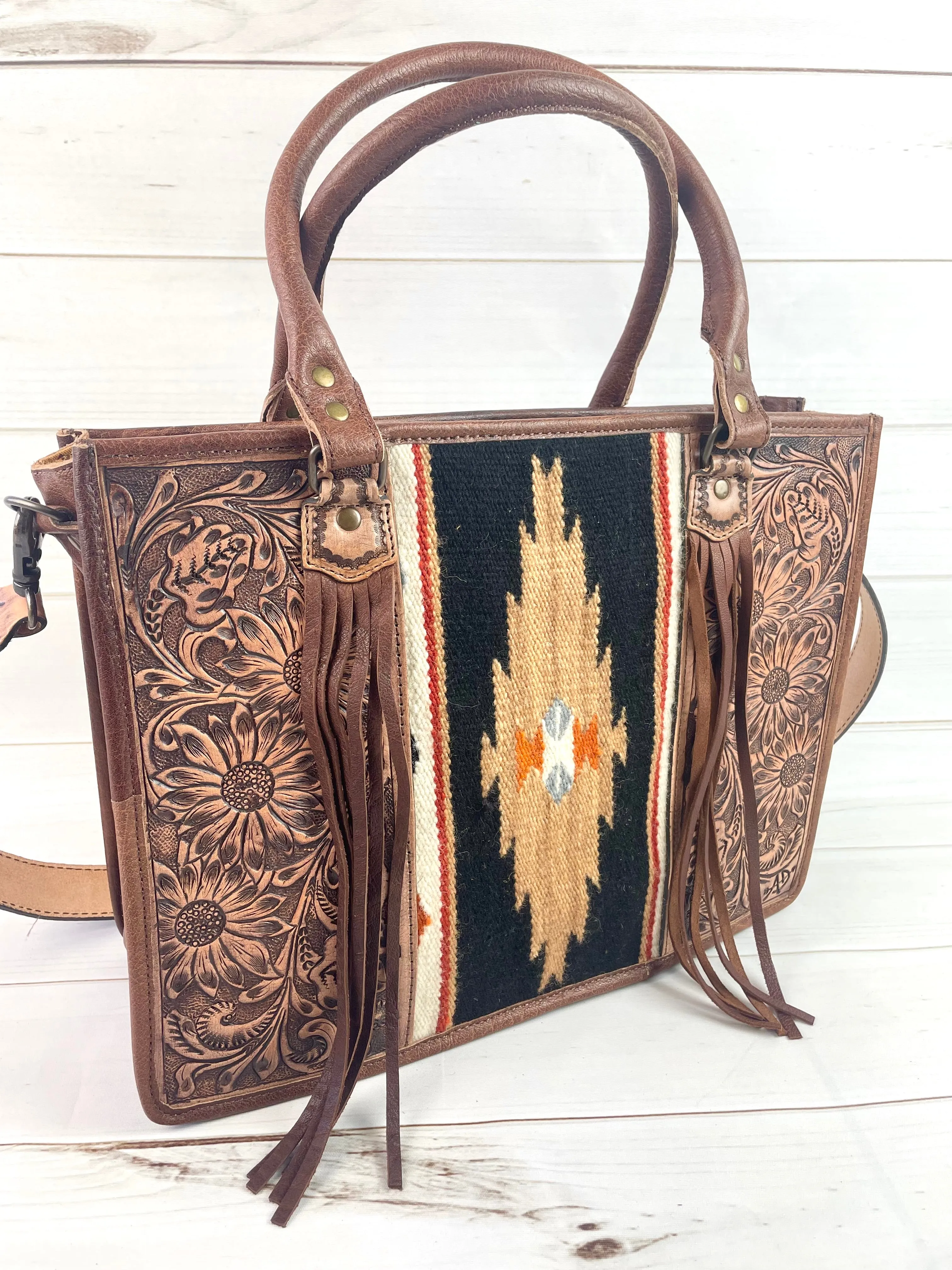 Black and Tan Diamond Wool Large Tote with Dark Leather Floral Tooling