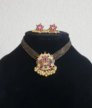 Black Beads Pachi Kundan Chain Set With Gold Plating B53