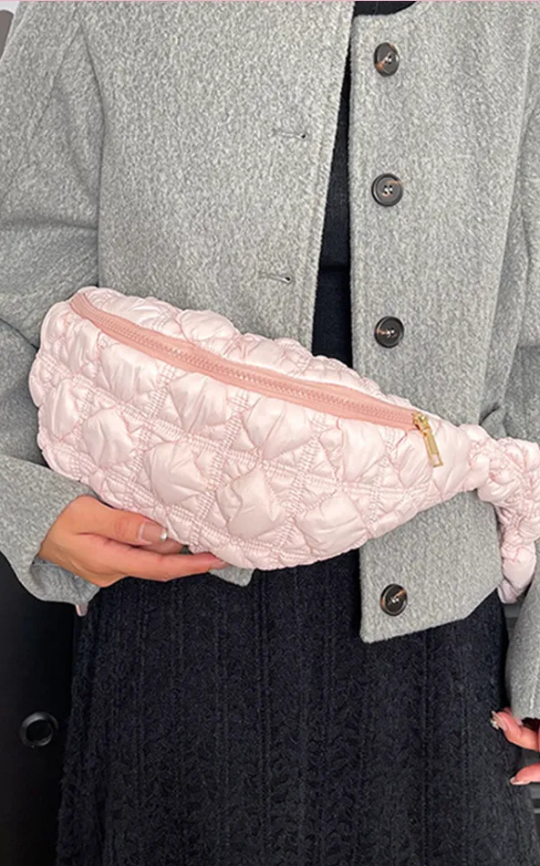 Black/Pink/White Marshmallow Quilted Drawstring Decor Sling Bag