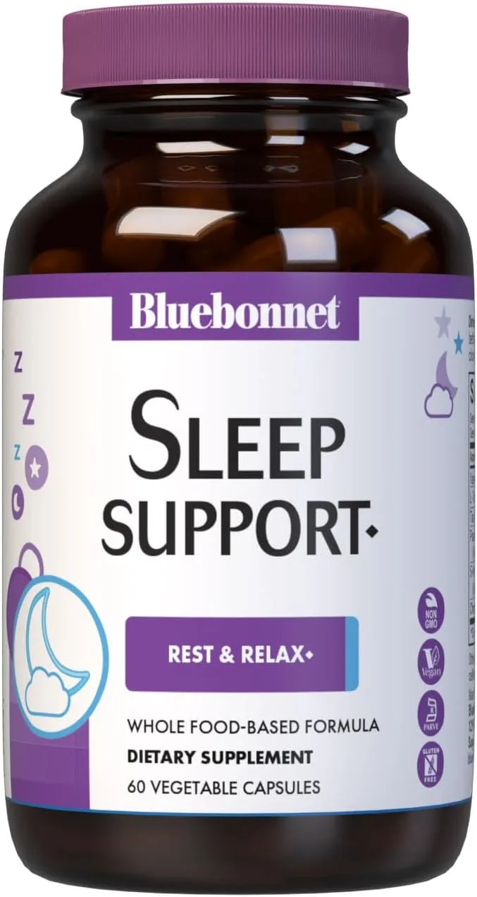 Bluebonnet Nutrition Sleep Support, Rest & Relaxation Whole Food-Based Formula*, Non-GMO, Vegan, Gluten-Free, Kosher Certified, Soy-Free, Dairy-Free, 60 Vegetable Capsules, 60 Servings
