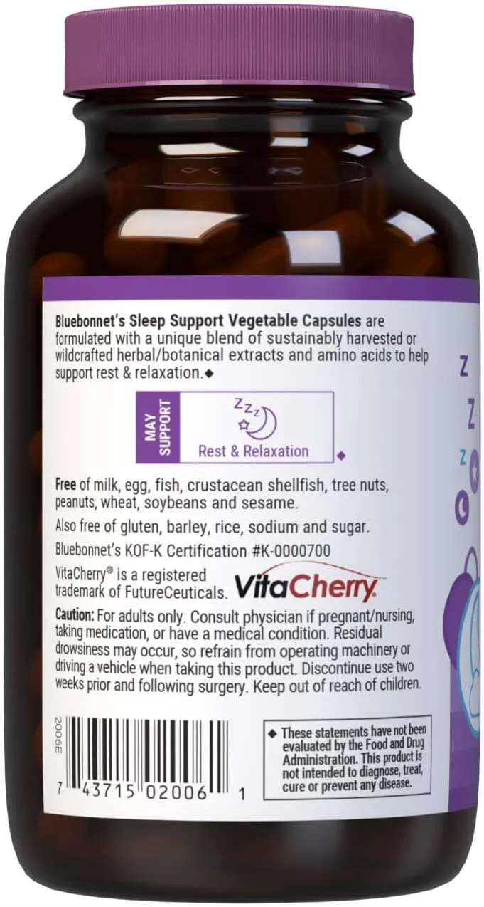 Bluebonnet Nutrition Sleep Support, Rest & Relaxation Whole Food-Based Formula*, Non-GMO, Vegan, Gluten-Free, Kosher Certified, Soy-Free, Dairy-Free, 60 Vegetable Capsules, 60 Servings