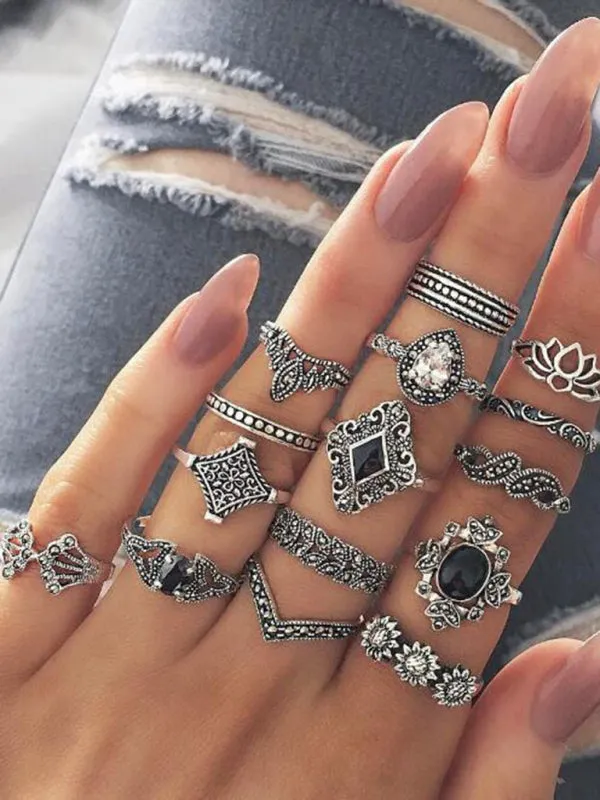 BodiModi BohoChic 15-Piece Ring Set - Geometric, Lotus, Sunflower & Black Stone Rings