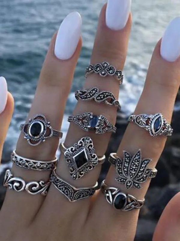 BodiModi BohoChic 15-Piece Ring Set - Geometric, Lotus, Sunflower & Black Stone Rings