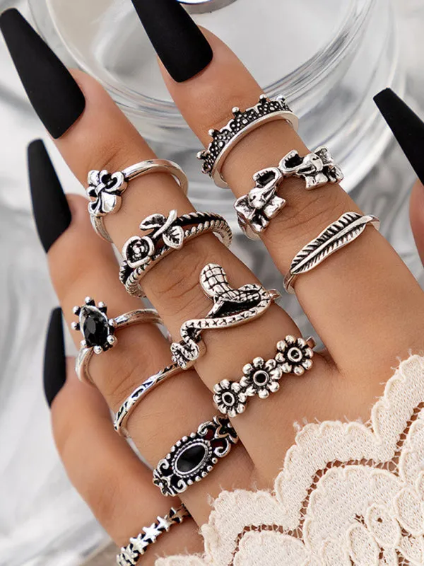 BodiModi BohoChic 15-Piece Ring Set - Geometric, Lotus, Sunflower & Black Stone Rings