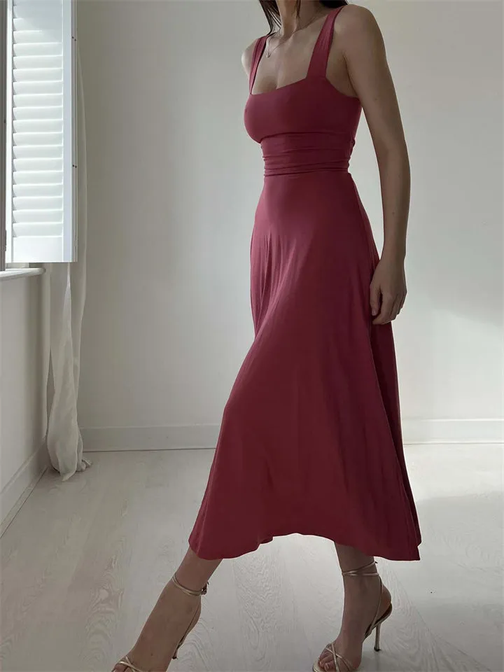 Bodycon Thick Straps Ruched Midi Flared Dress for Ladies