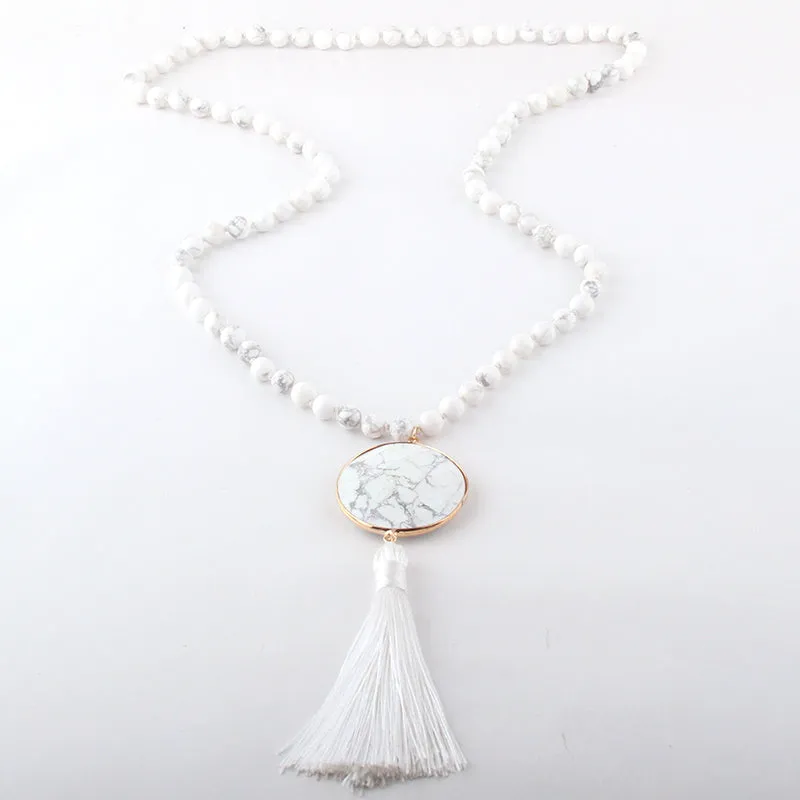 Boho & Mala Natural Tribal Round Howlite Stone Tassel Necklace TN10031