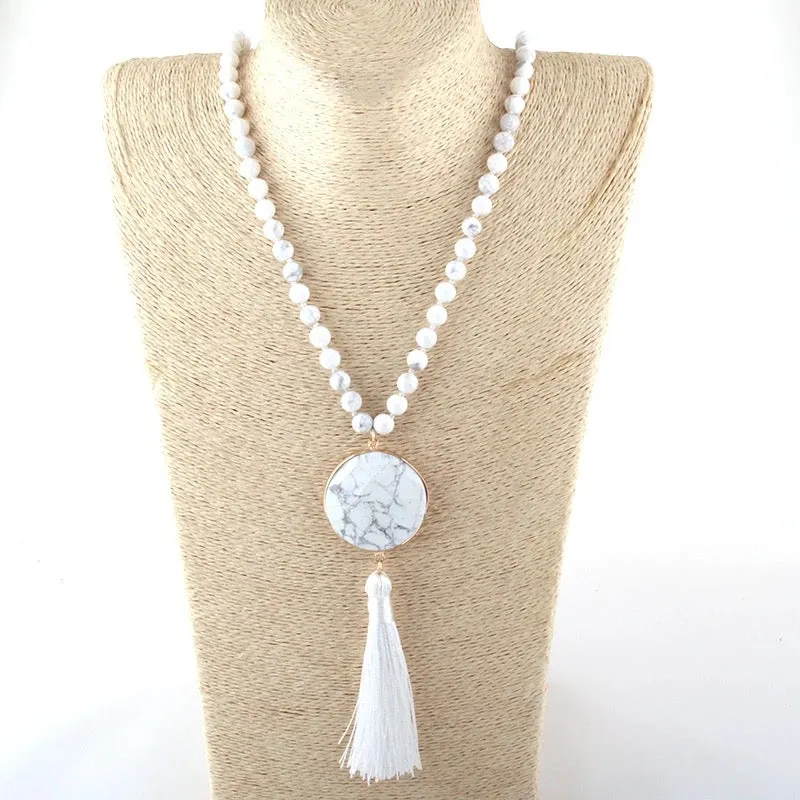 Boho & Mala Natural Tribal Round Howlite Stone Tassel Necklace TN10031
