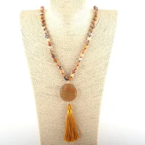 Boho & Mala Natural Tribal Round Orange Stone Tassel Necklace TN100106