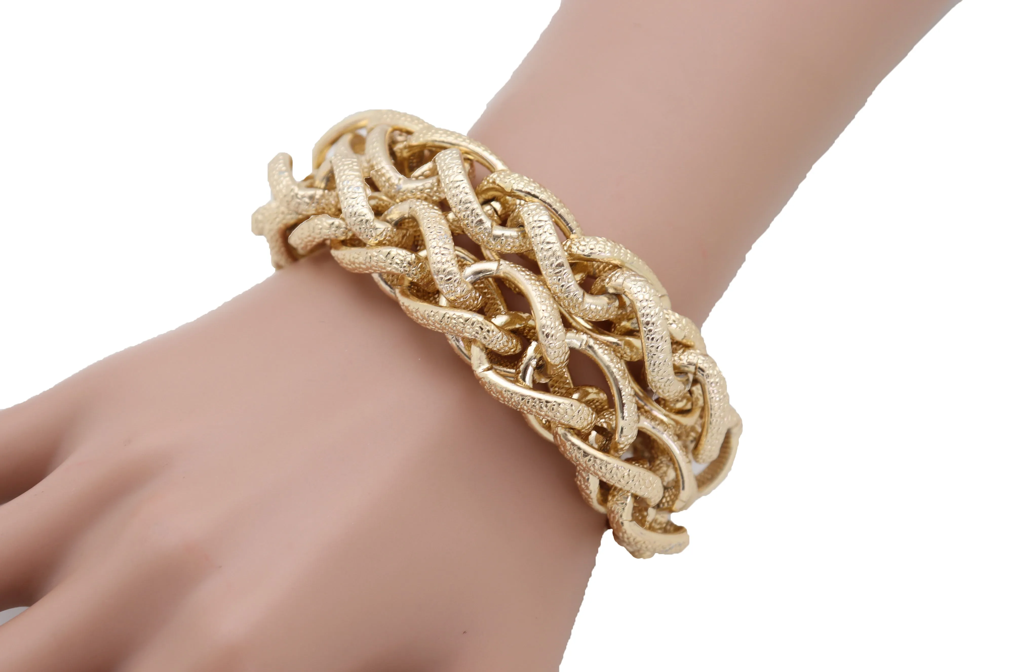 Bracelet Gold Textured Chain Links Double Strands Bulky