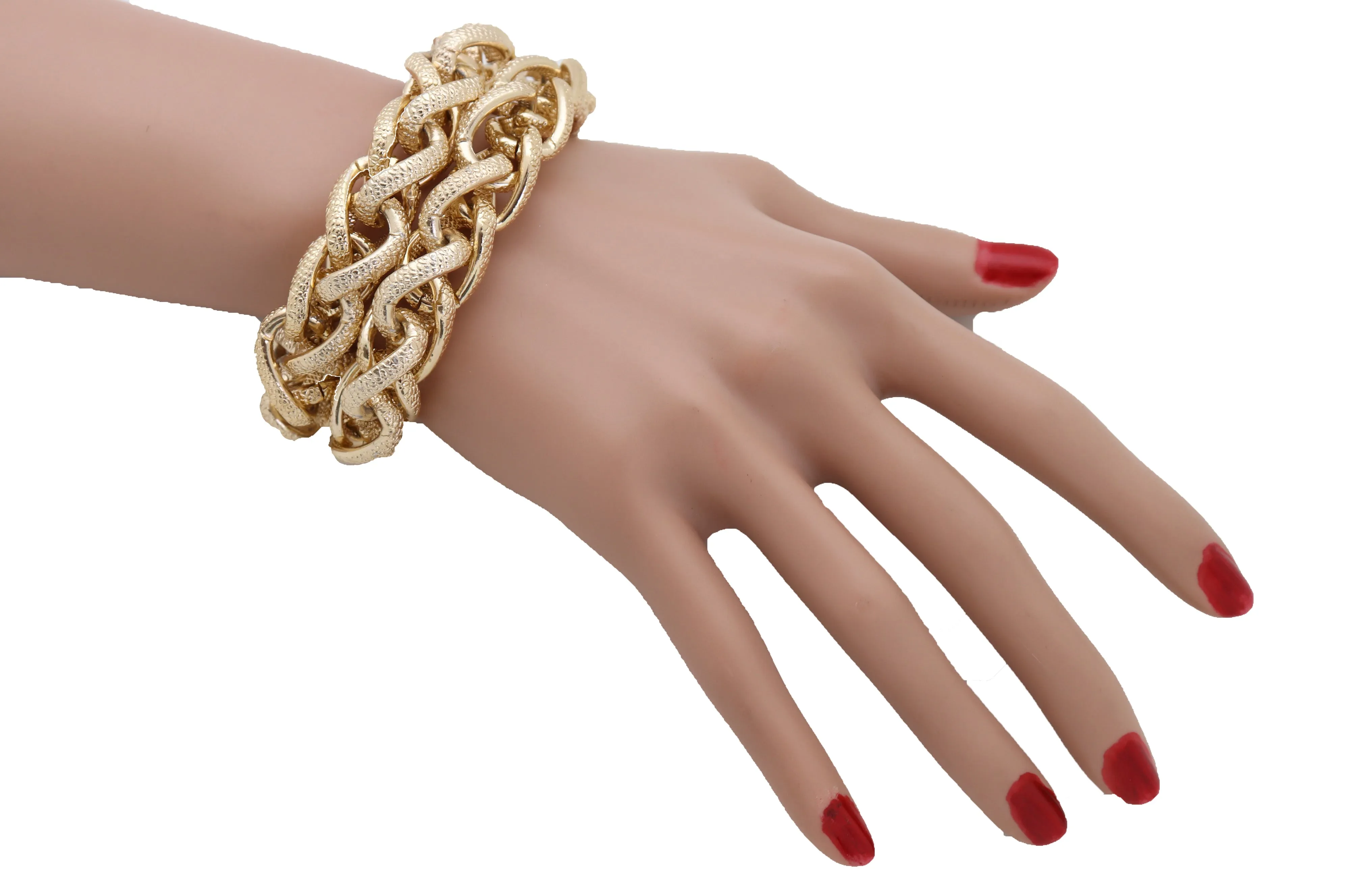 Bracelet Gold Textured Chain Links Double Strands Bulky