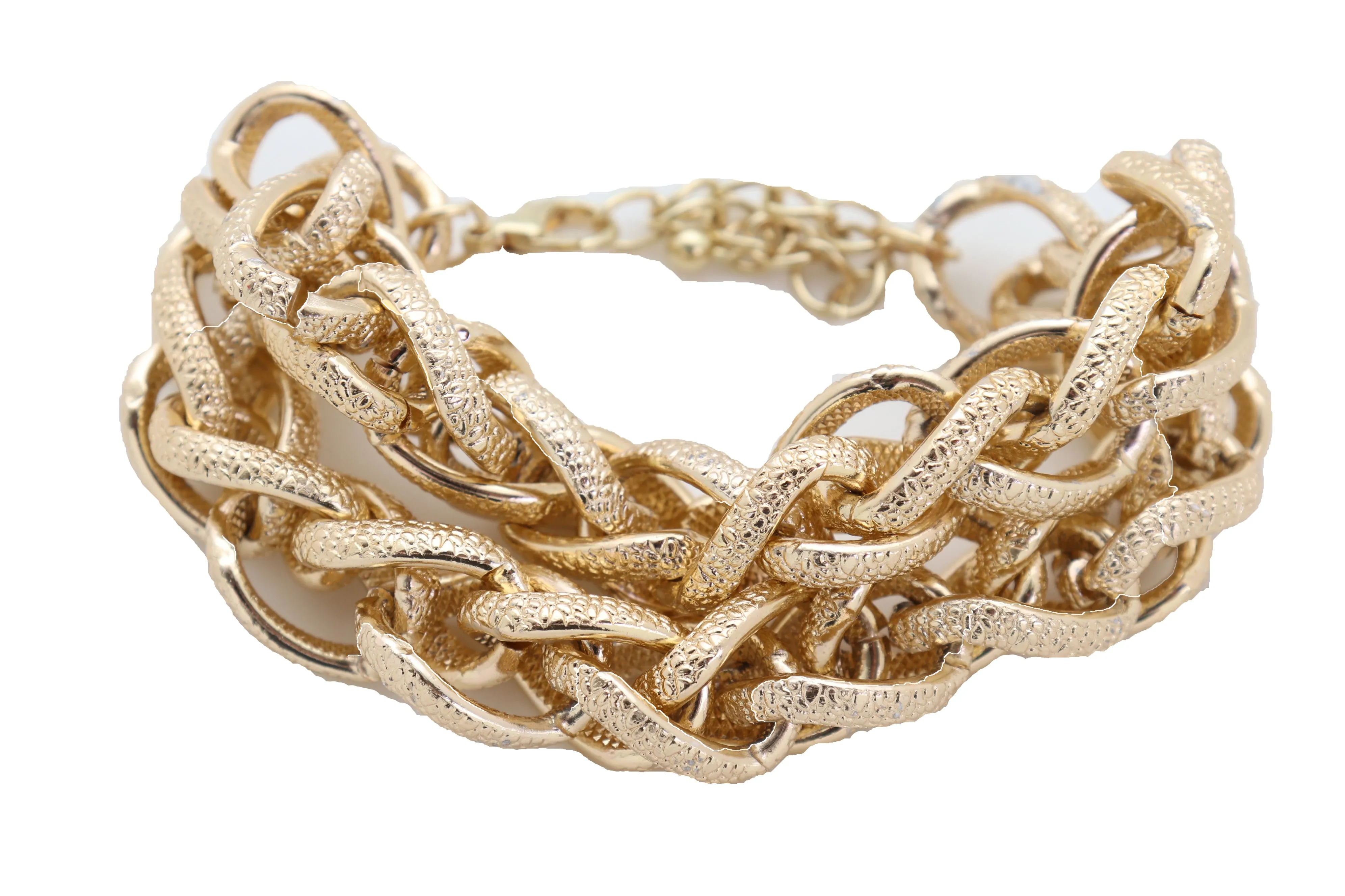 Bracelet Gold Textured Chain Links Double Strands Bulky