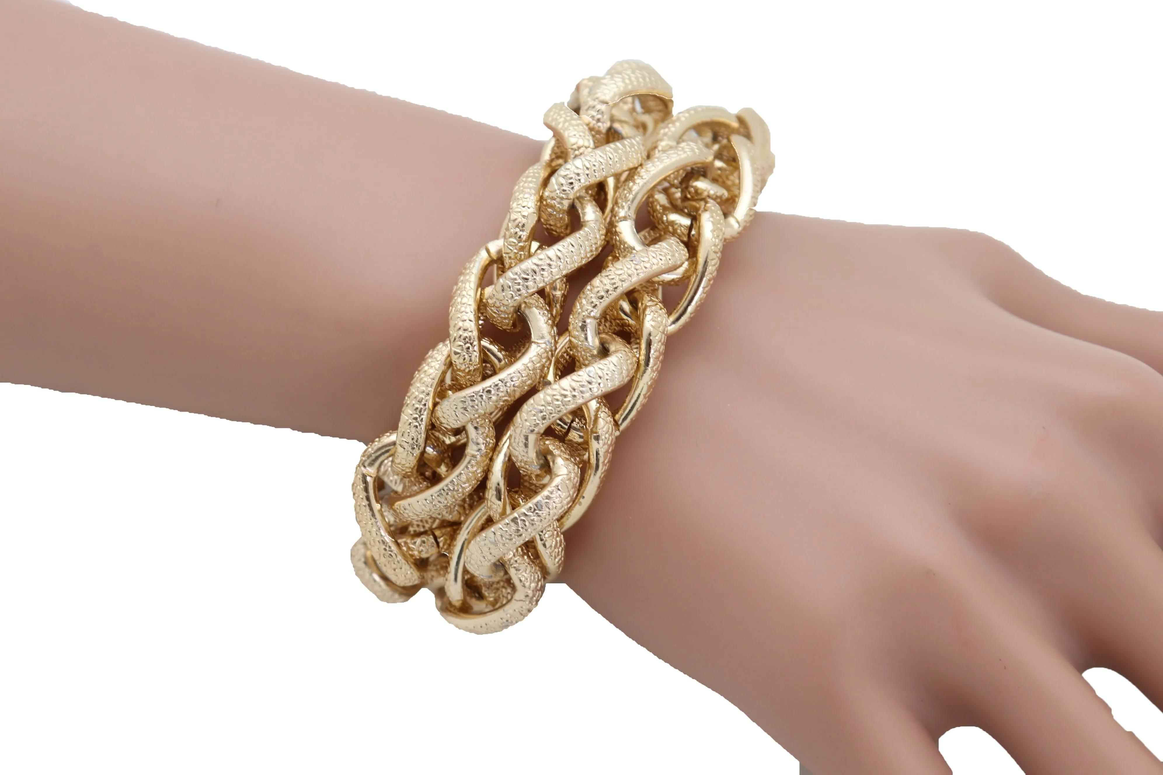 Bracelet Gold Textured Chain Links Double Strands Bulky