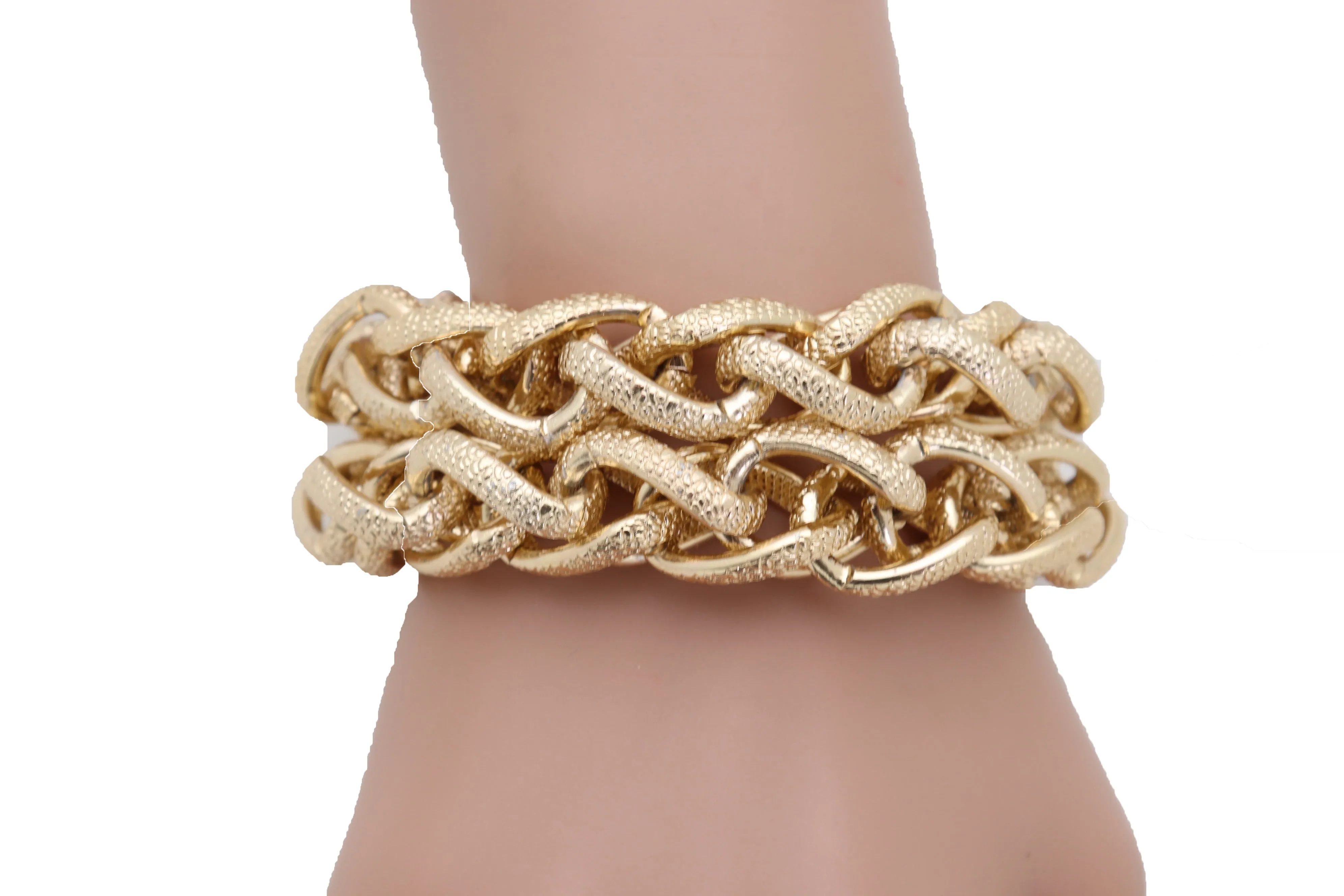Bracelet Gold Textured Chain Links Double Strands Bulky