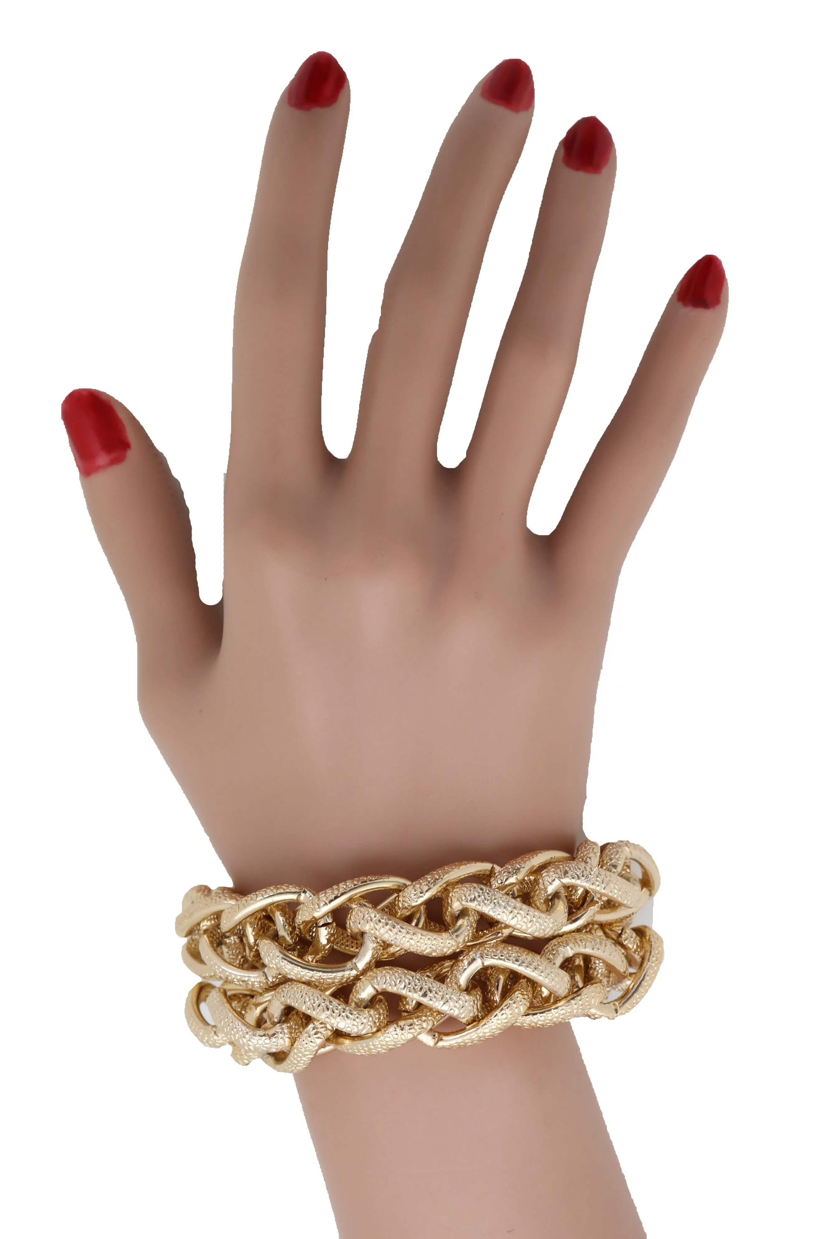 Bracelet Gold Textured Chain Links Double Strands Bulky