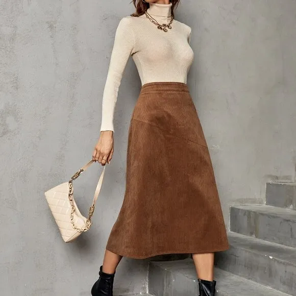 Brand New Solid Corduroy A-line Skirt Brown