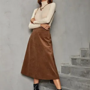 Brand New Solid Corduroy A-line Skirt Brown