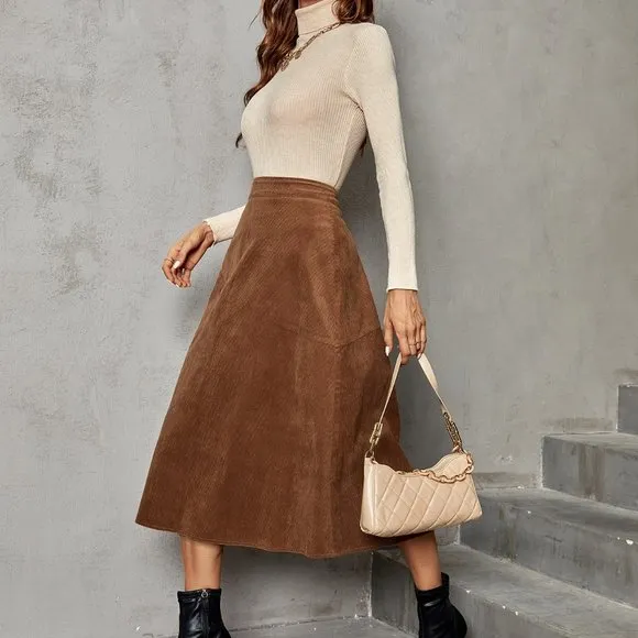 Brand New Solid Corduroy A-line Skirt Brown