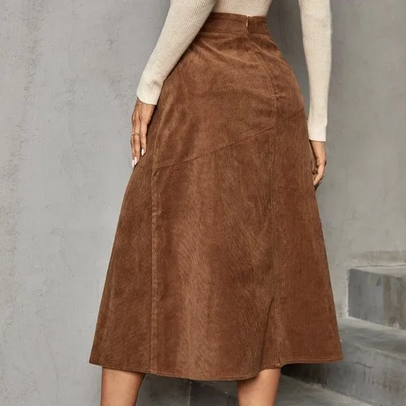 Brand New Solid Corduroy A-line Skirt Brown