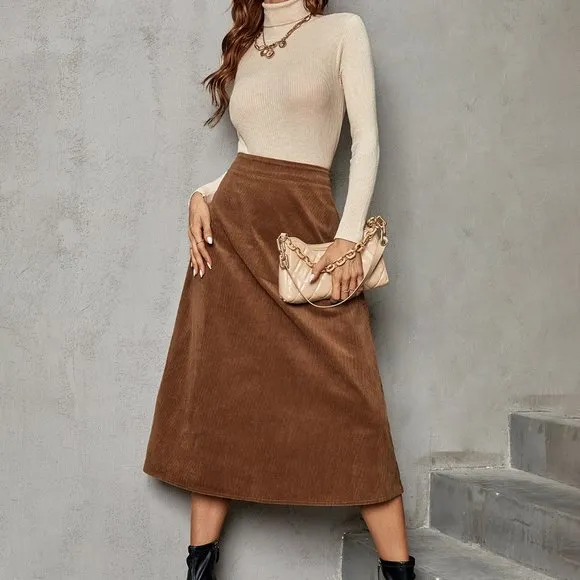 Brand New Solid Corduroy A-line Skirt Brown