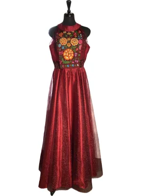 Bright Red Tulle with Embroidered Flowers