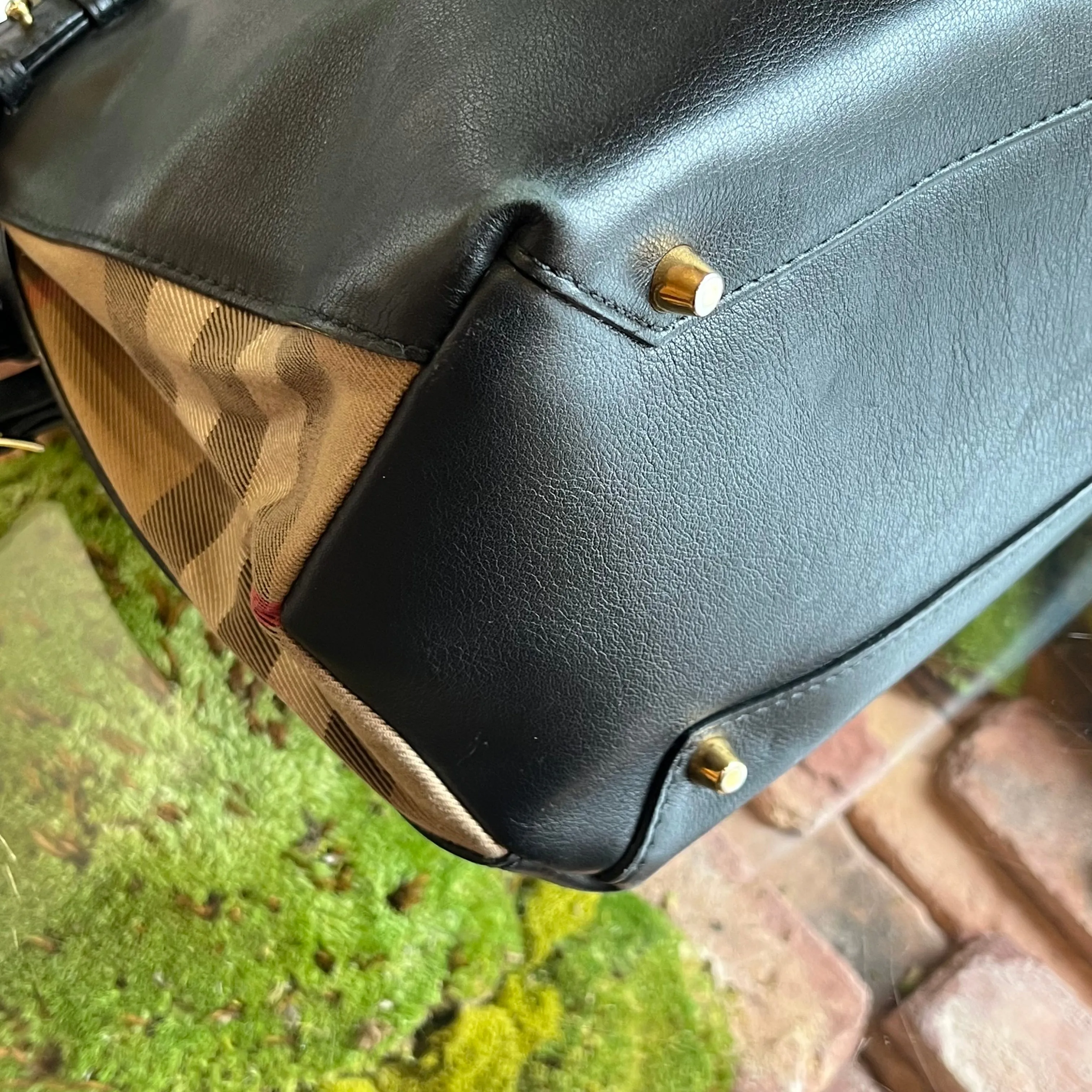 BURBERRY Banner Medium Black Leather House Check Tote Bag TS3902