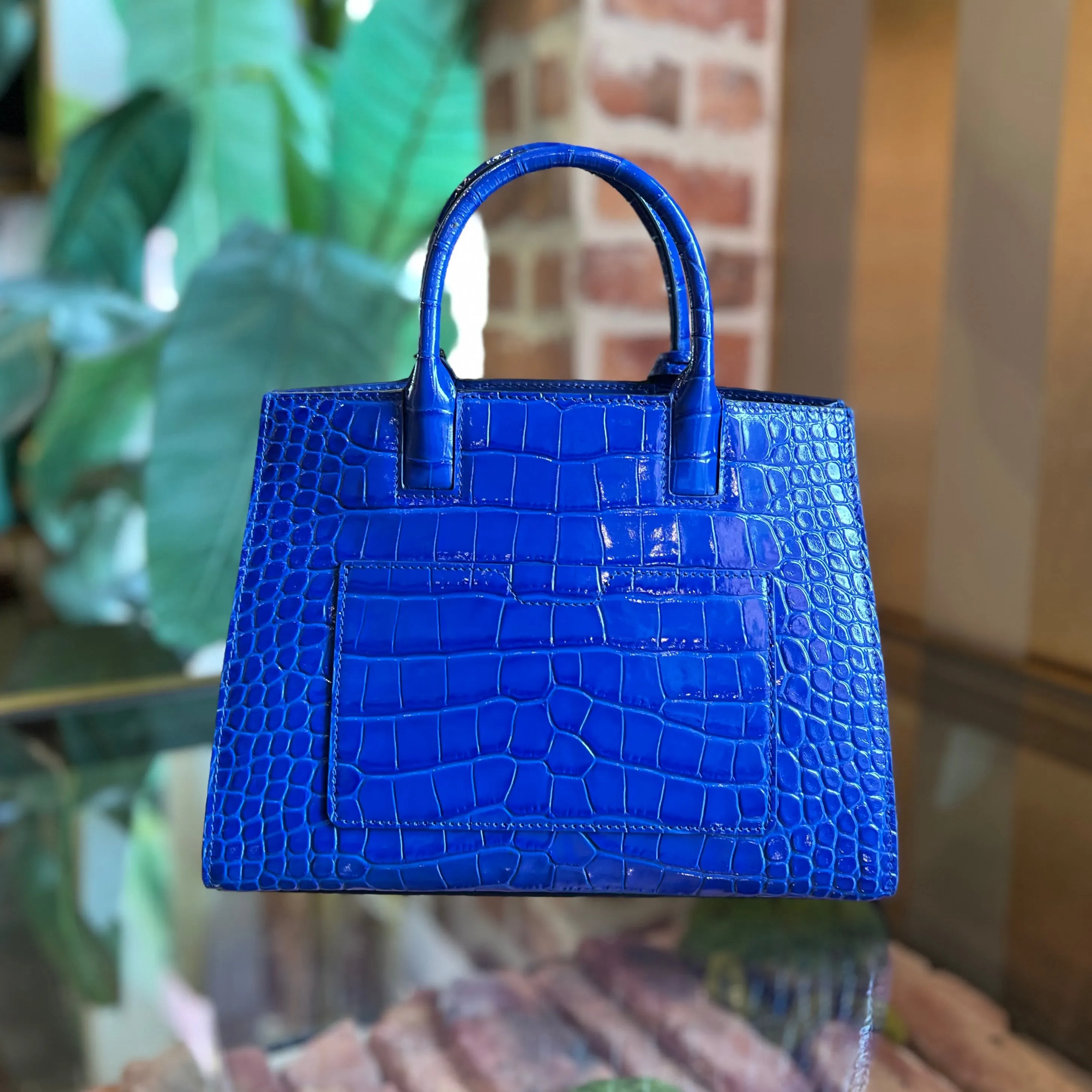 BURBERRY Frances Mini Knight Blue Croc Embossed Leather Tote Bag