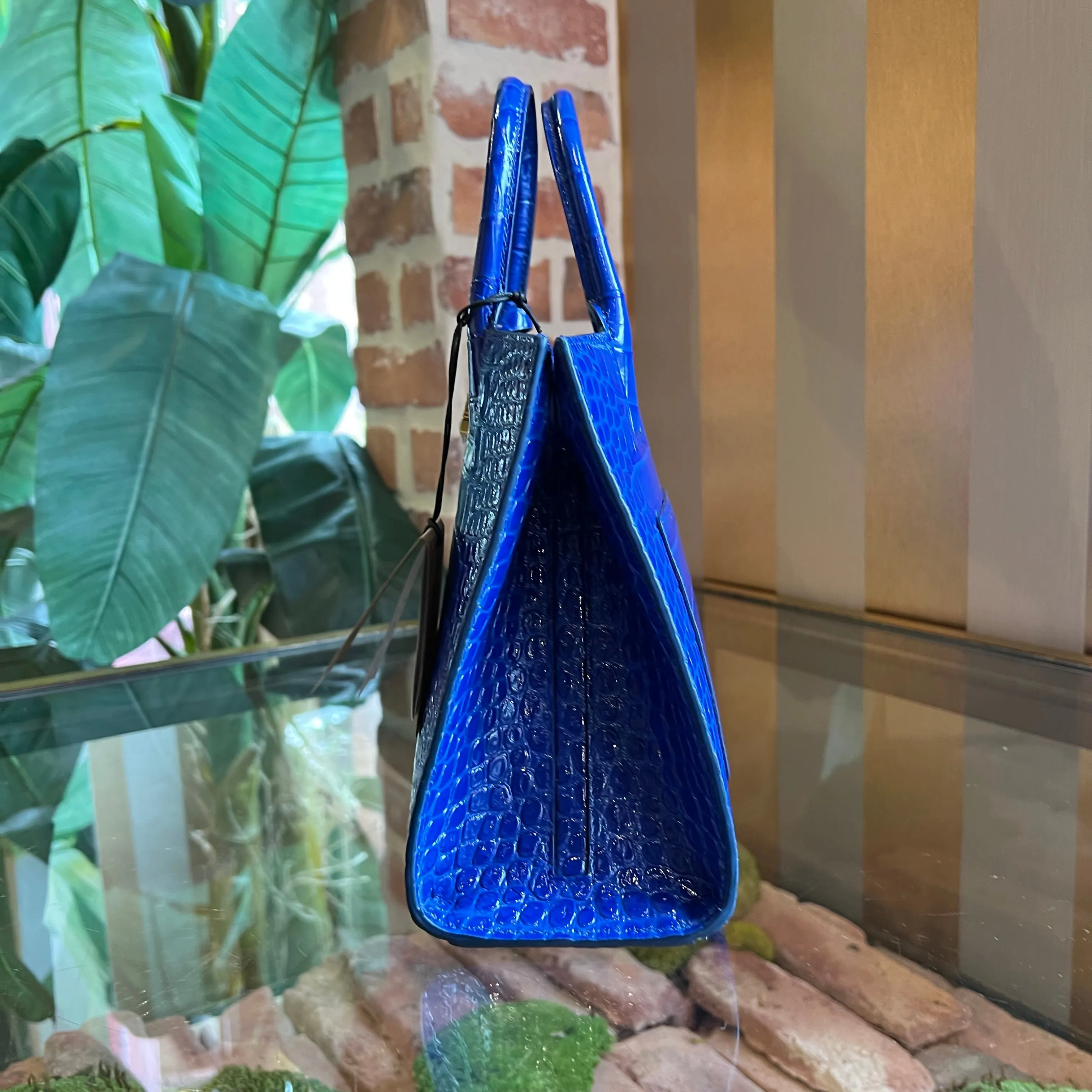 BURBERRY Frances Mini Knight Blue Croc Embossed Leather Tote Bag
