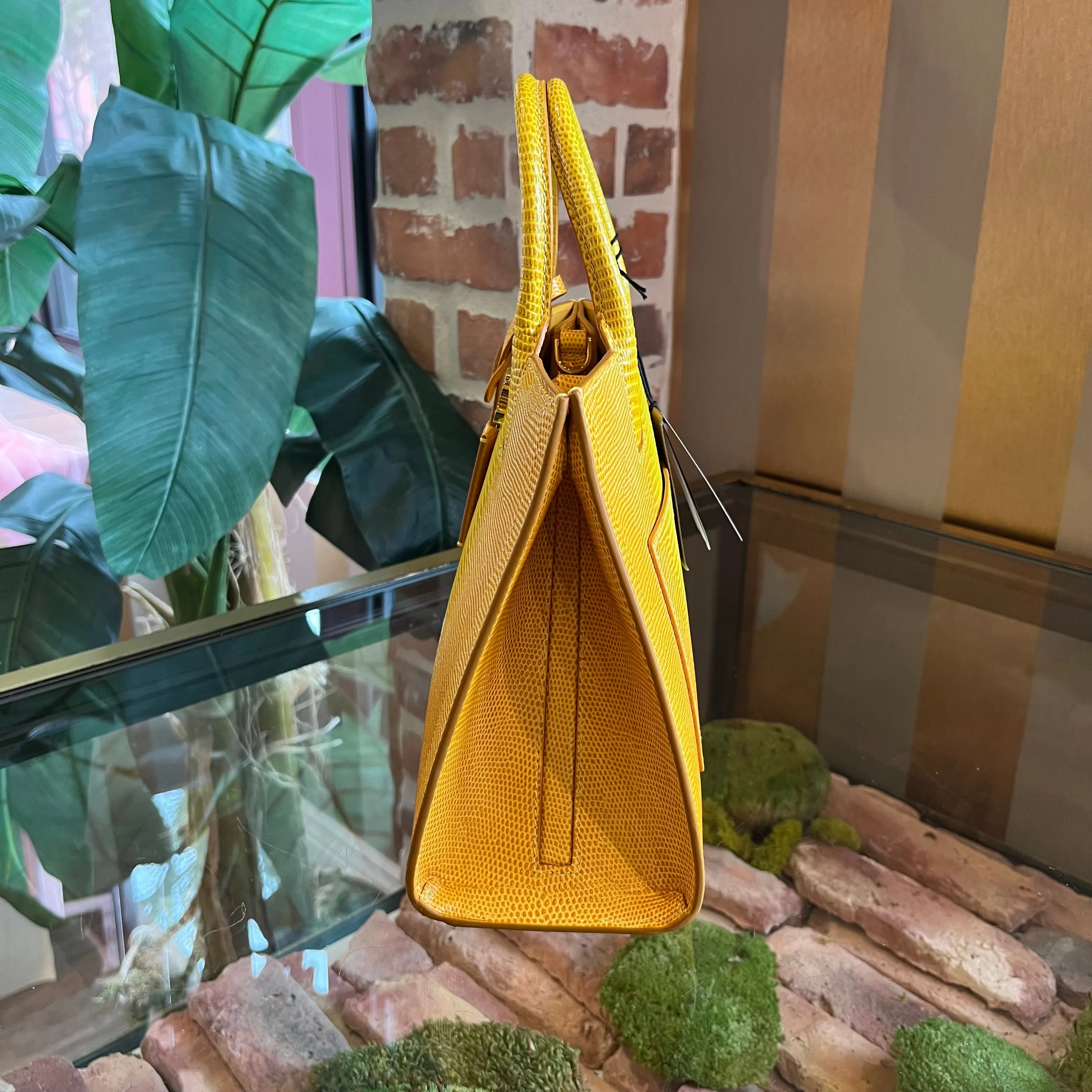 BURBERRY Frances Mini Yellow Lizard Embossed Leather Tote Bag