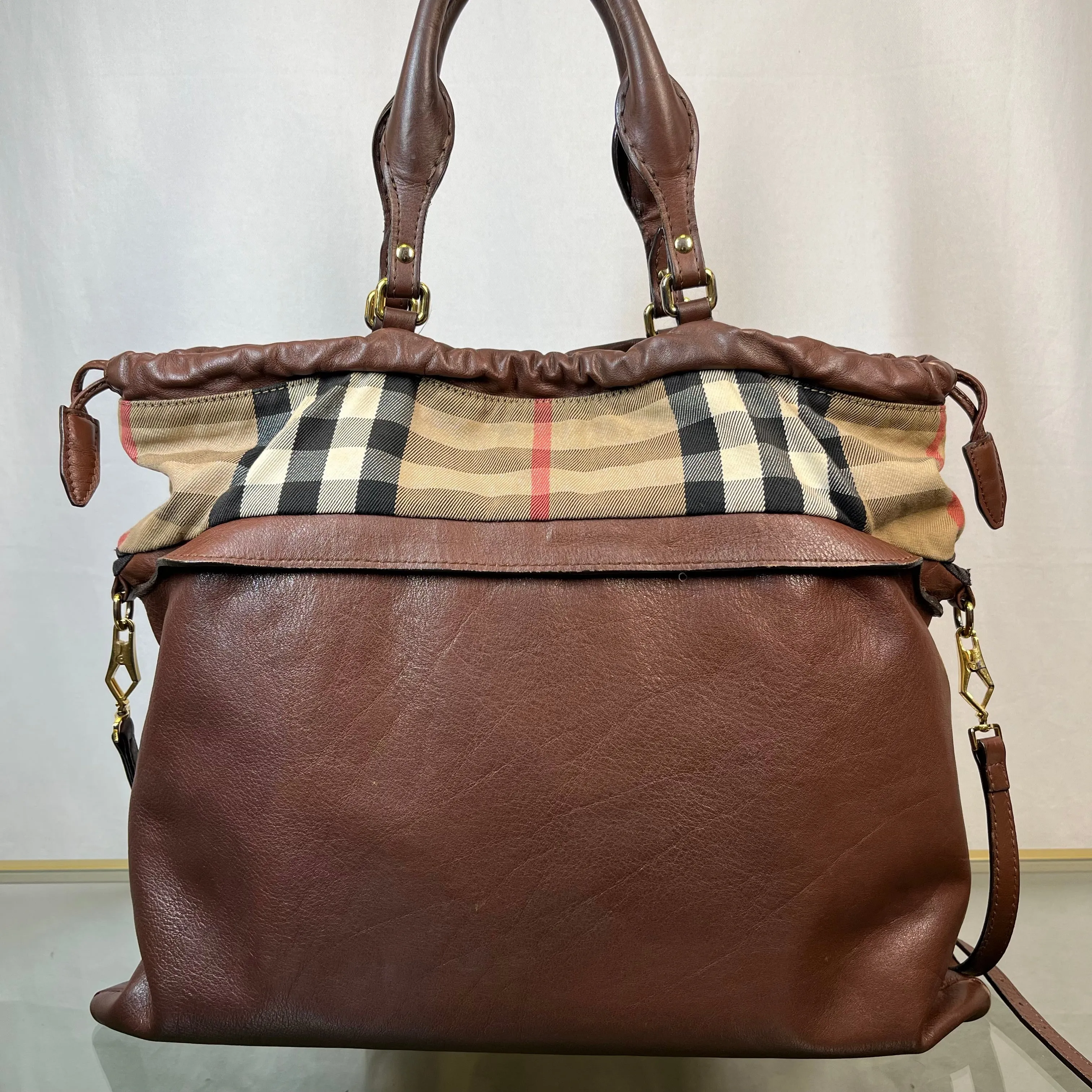 BURBERRY House Check Big Crush Brown Canvas and Leather Tote Bag