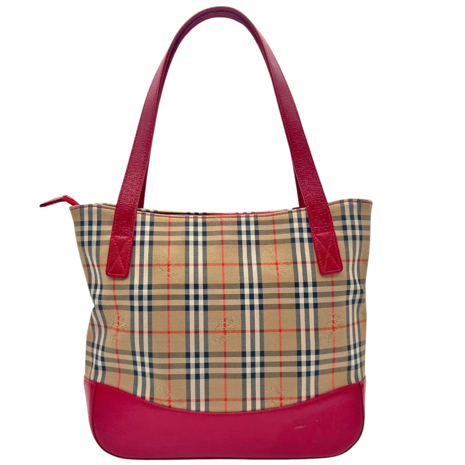 BURBERRY Vintage Haymarket Check Tote Bag - Camel & Red