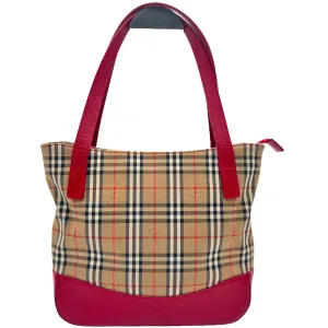 BURBERRY Vintage Haymarket Check Tote Bag - Camel & Red