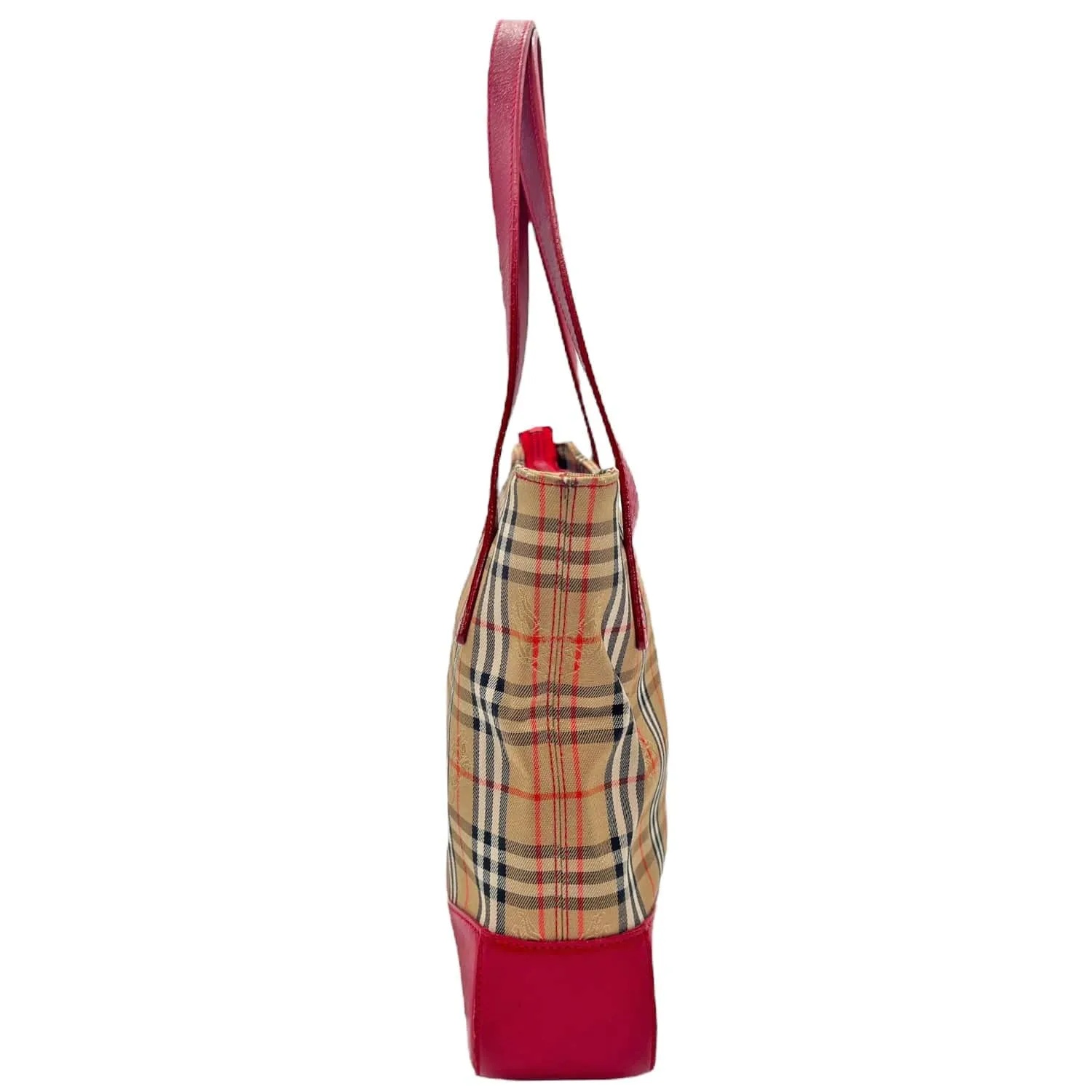 BURBERRY Vintage Haymarket Check Tote Bag - Camel & Red