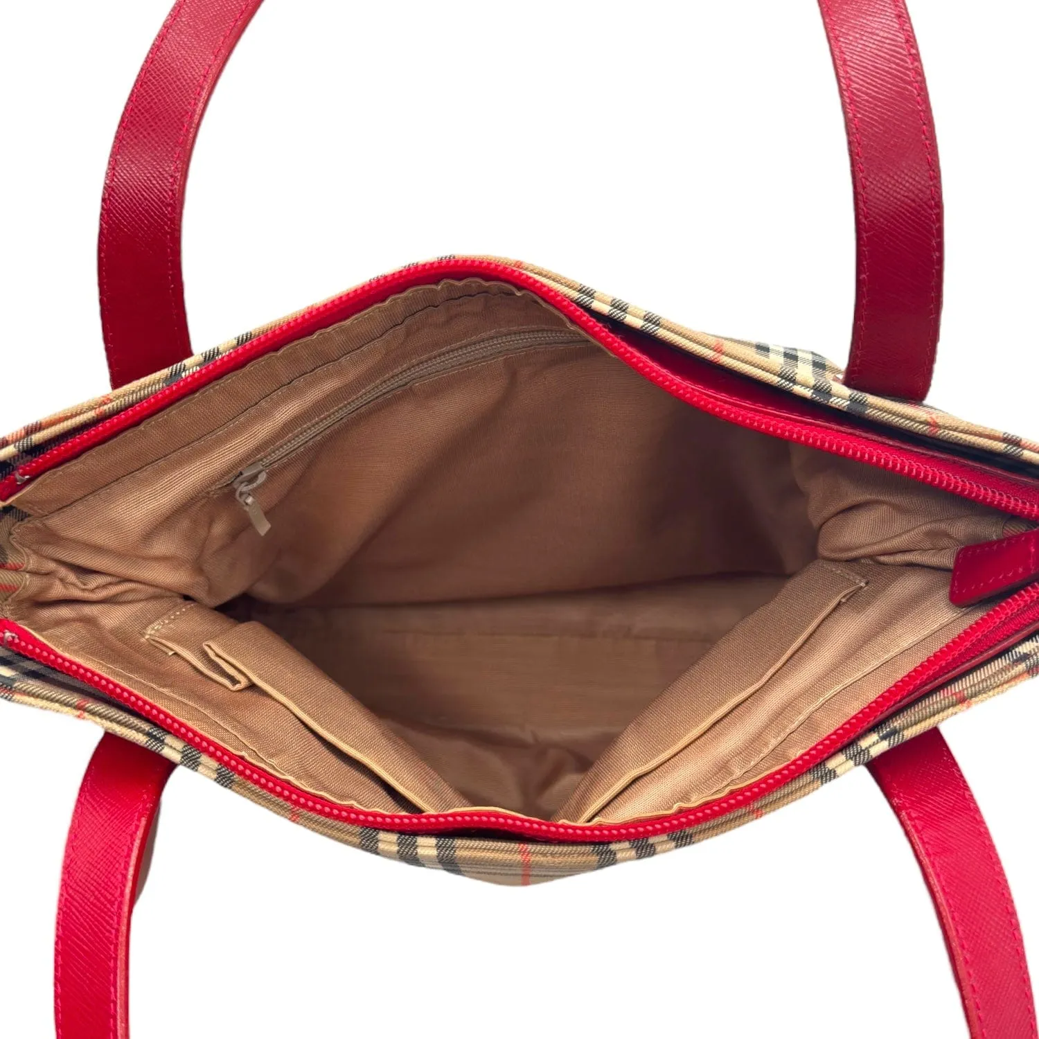 BURBERRY Vintage Haymarket Check Tote Bag - Camel & Red