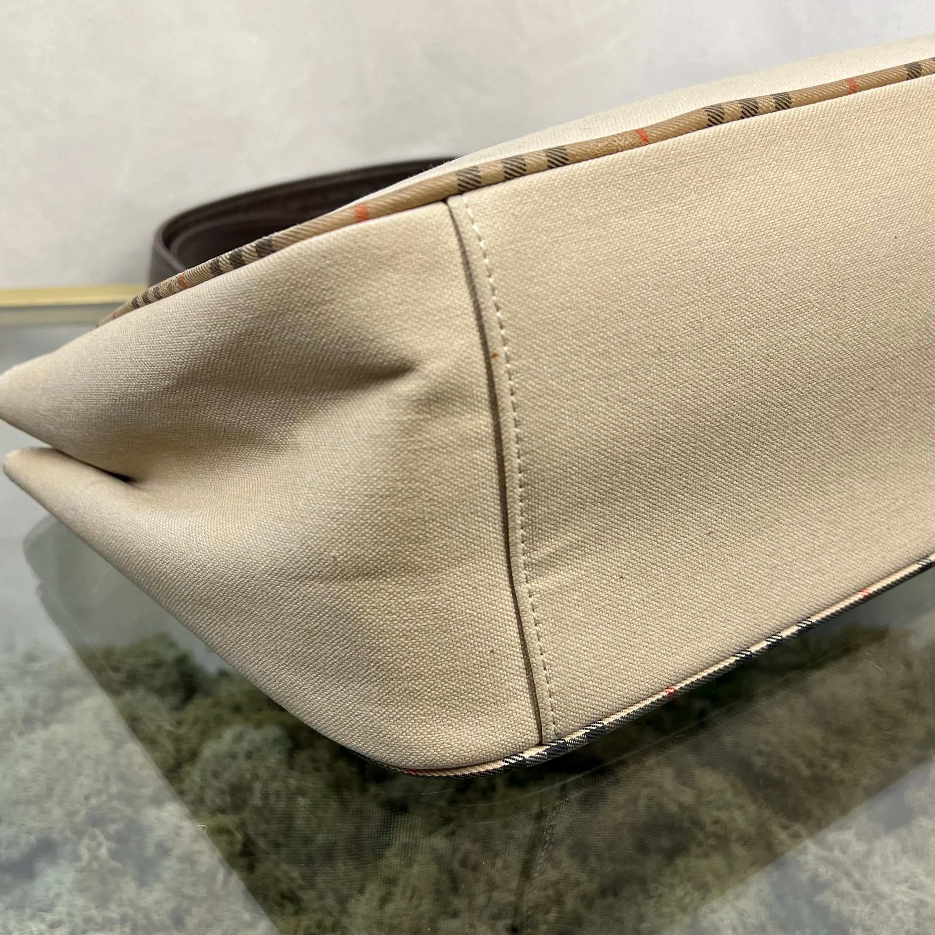 BURBERRYs Beige Canvas Haymarket Check Brown Leather Trim Tote Bag