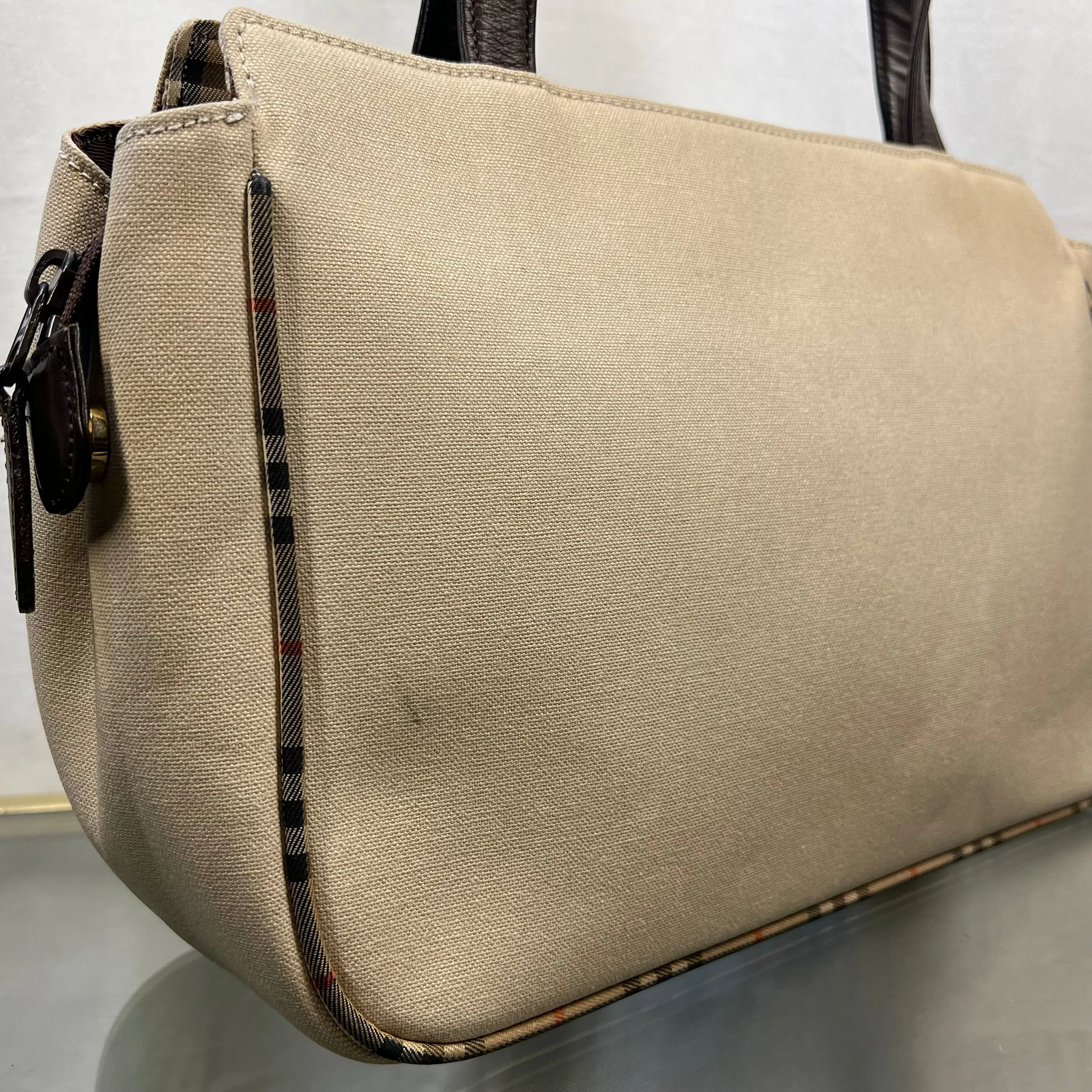 BURBERRYs Beige Canvas Haymarket Check Brown Leather Trim Tote Bag