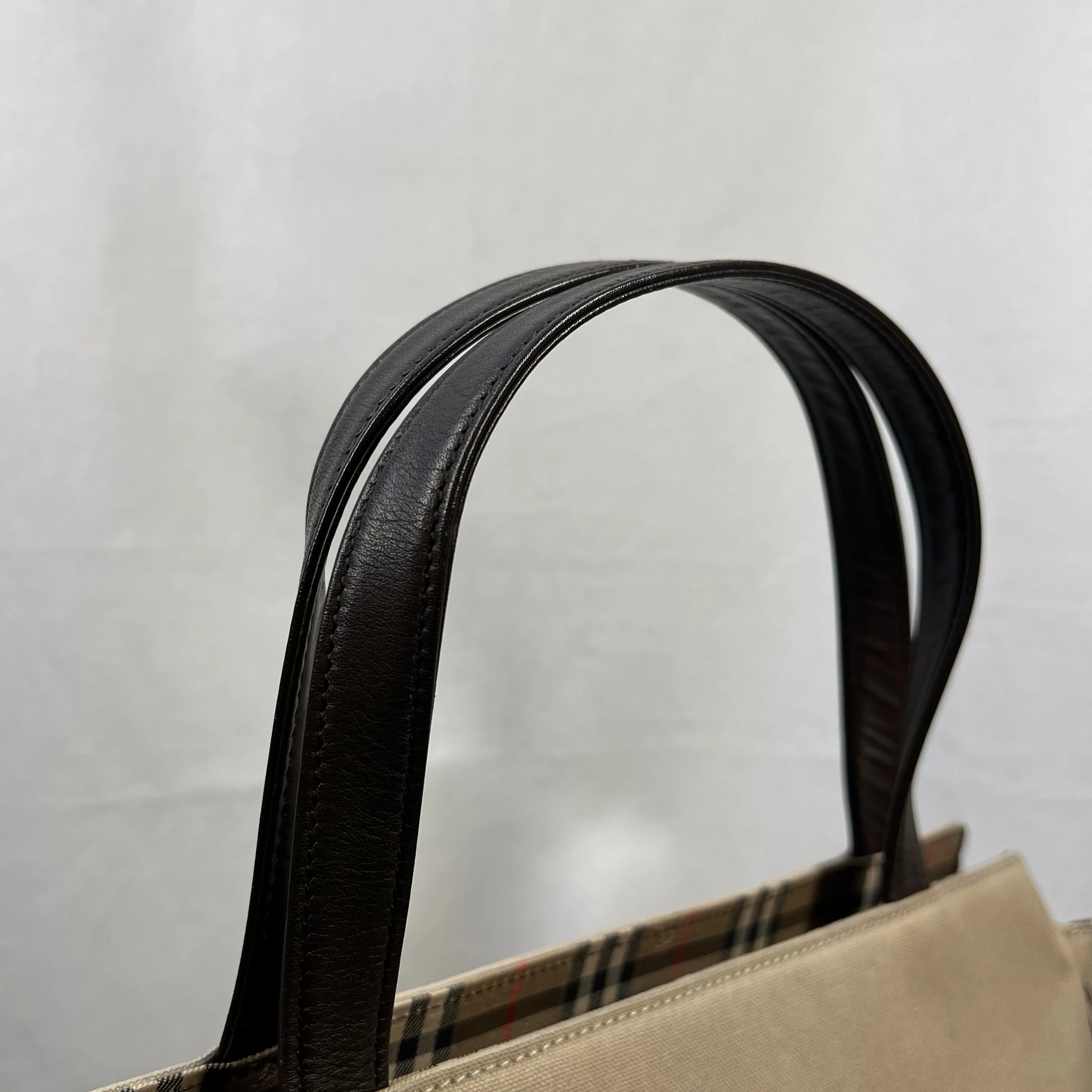 BURBERRYs Beige Canvas Haymarket Check Brown Leather Trim Tote Bag