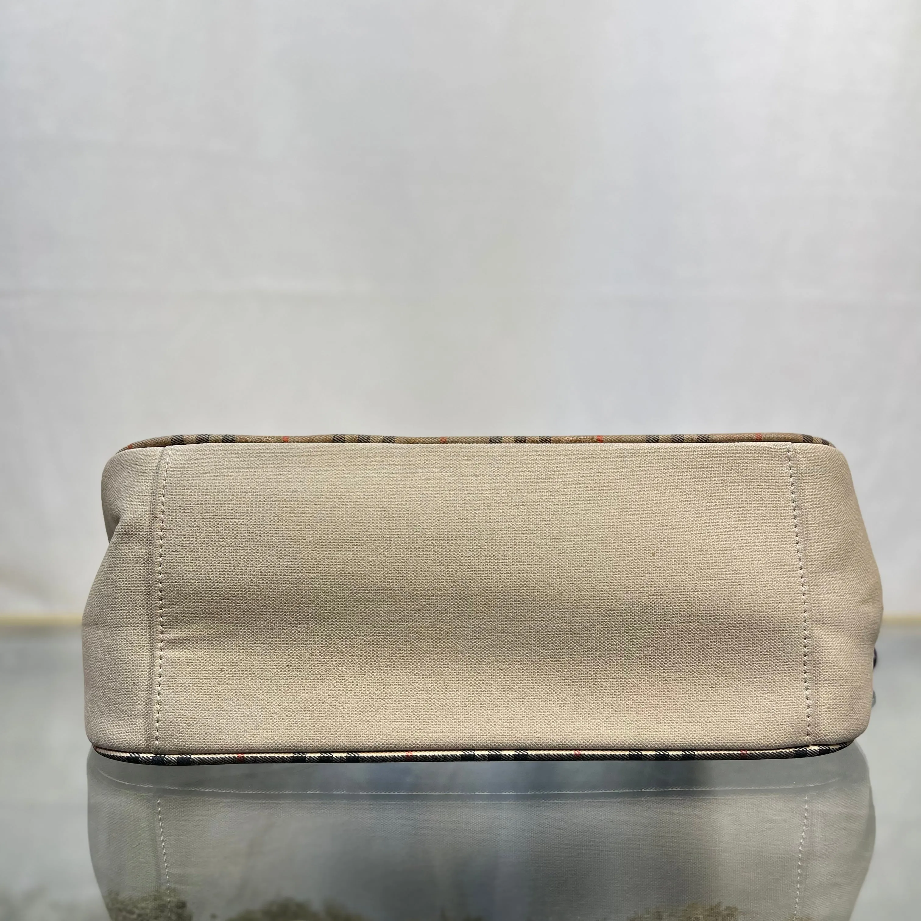 BURBERRYs Beige Canvas Haymarket Check Brown Leather Trim Tote Bag