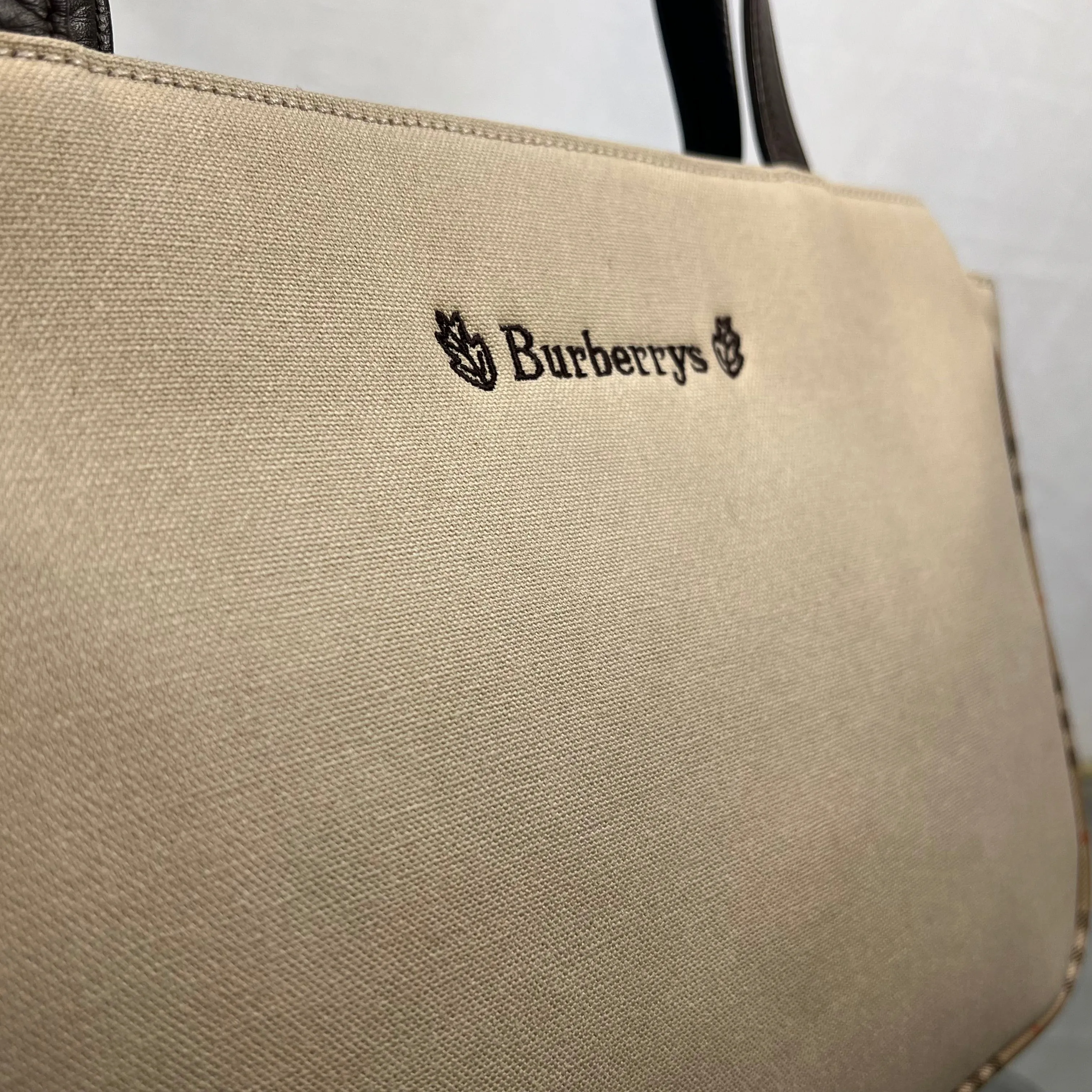 BURBERRYs Beige Canvas Haymarket Check Brown Leather Trim Tote Bag
