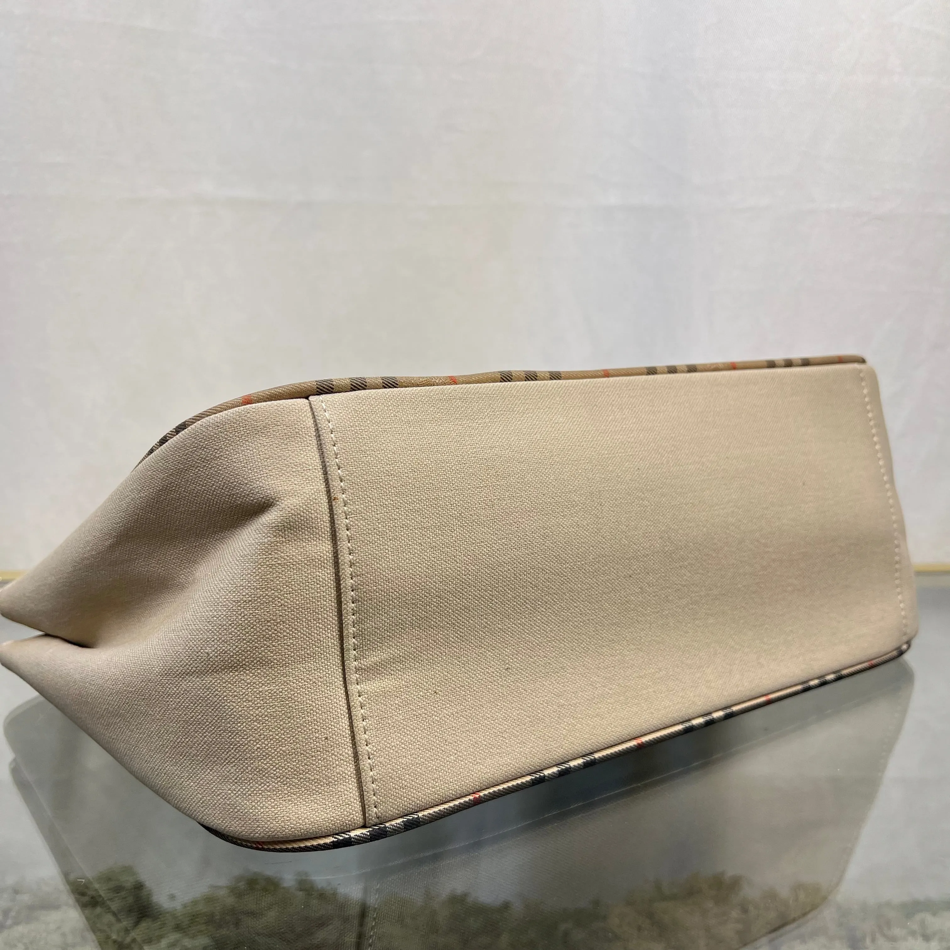 BURBERRYs Beige Canvas Haymarket Check Brown Leather Trim Tote Bag