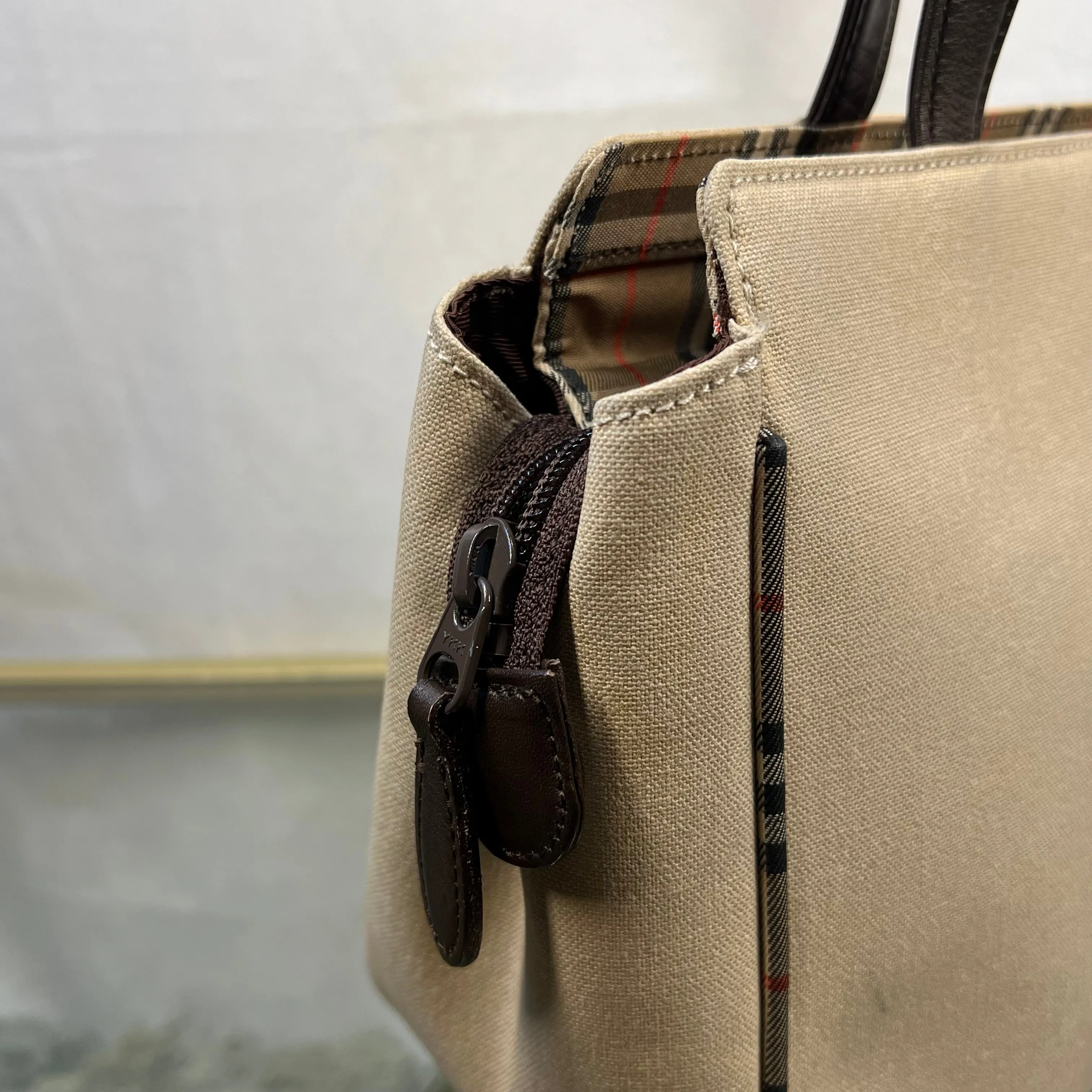 BURBERRYs Beige Canvas Haymarket Check Brown Leather Trim Tote Bag