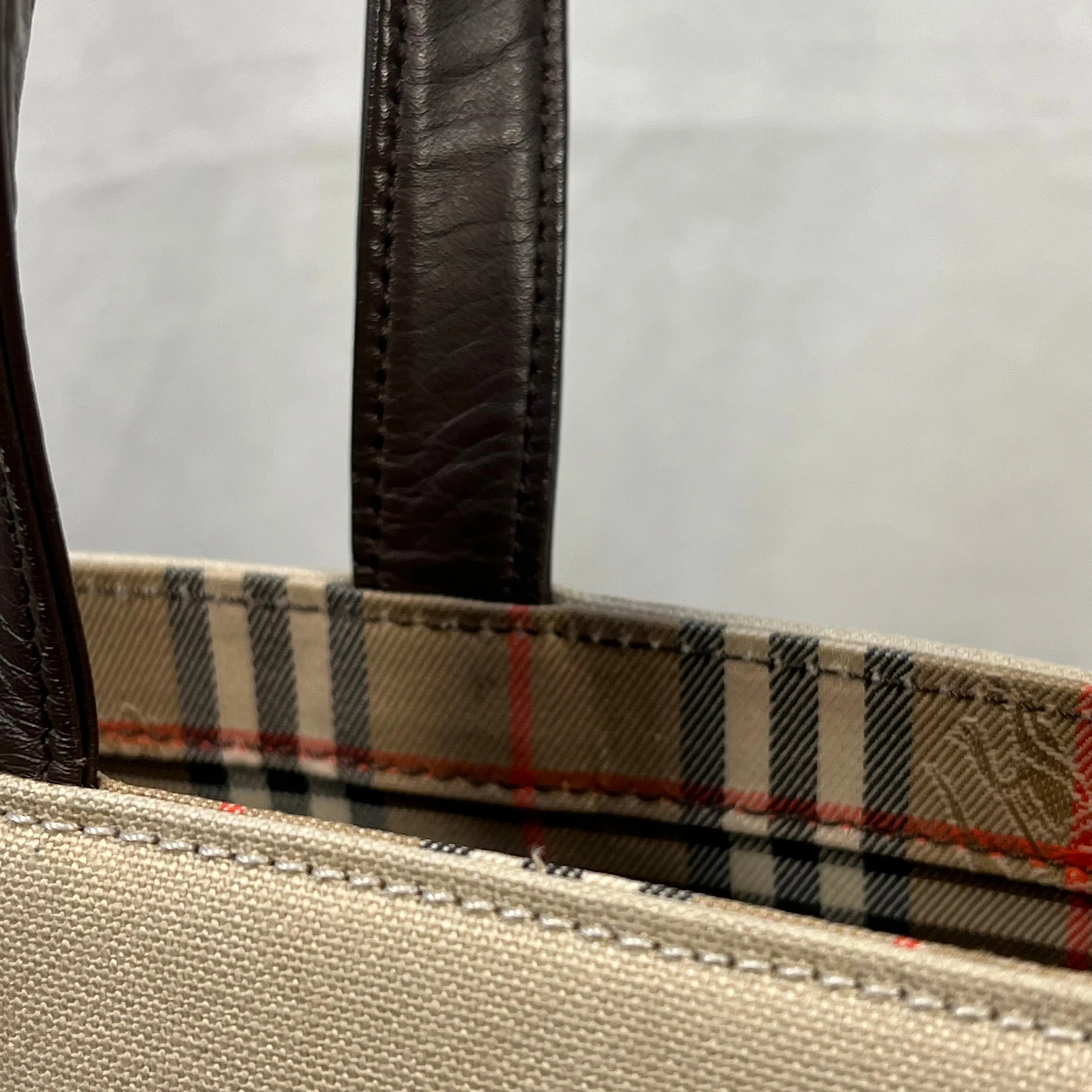 BURBERRYs Beige Canvas Haymarket Check Brown Leather Trim Tote Bag