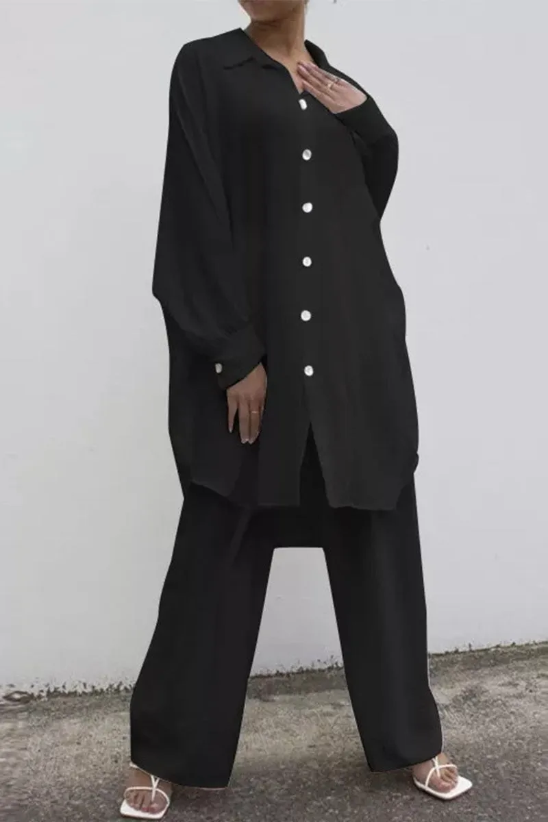Casual Solid Buckle Turndown Collar Long Sleeve Two Pieces