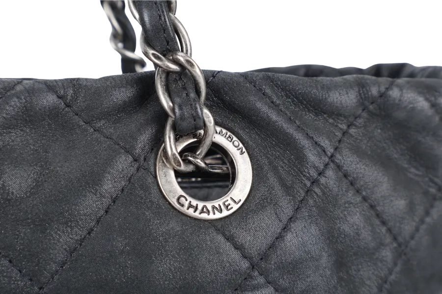 CHANEL VIP TOTE BLACK QUILTED IREDESCENT CALFSKIN LEATHER RUTHENIUM HARDWARE 1494xxxx SILVER HARDWARE WITH CARD AND DUST COVER