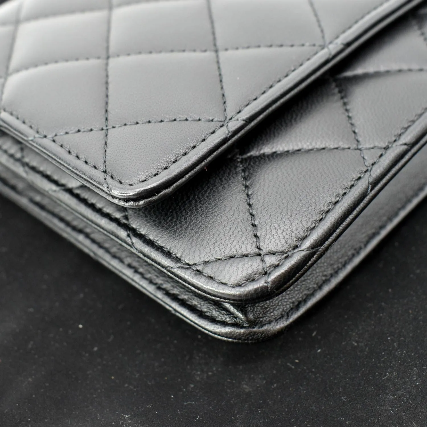CHANEL Wallet On Chain Lambskin Leather WOC Crossbody Bag Black