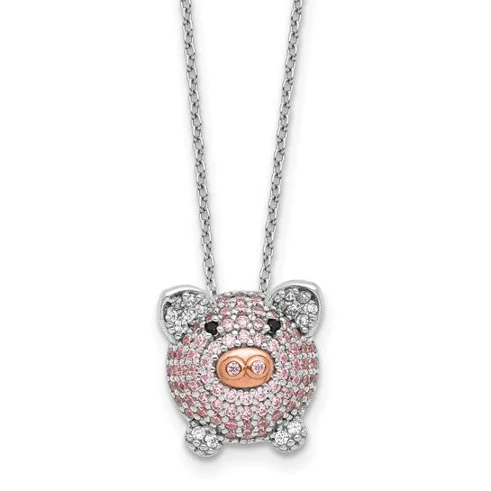 Cheryl M Sterling Silver and Rose Gold Plated CZ Pig Necklace