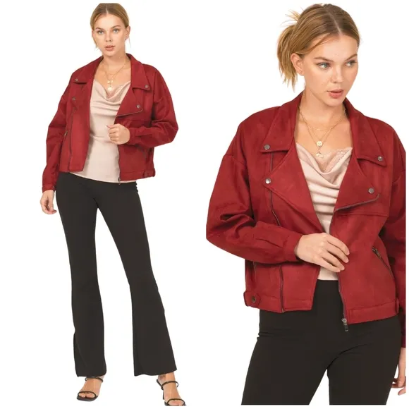 Chic Faux Suede Burgundy Moto Jacket