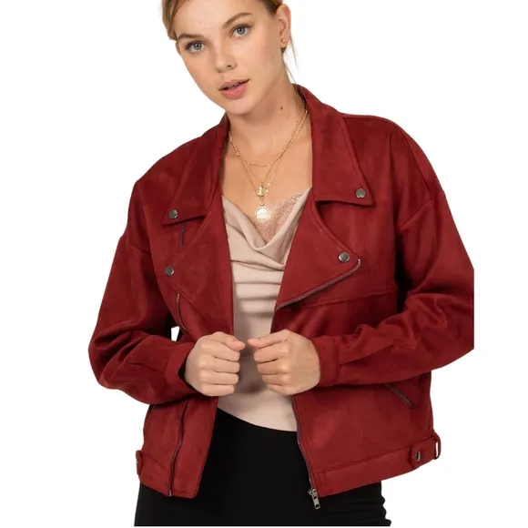 Chic Faux Suede Burgundy Moto Jacket