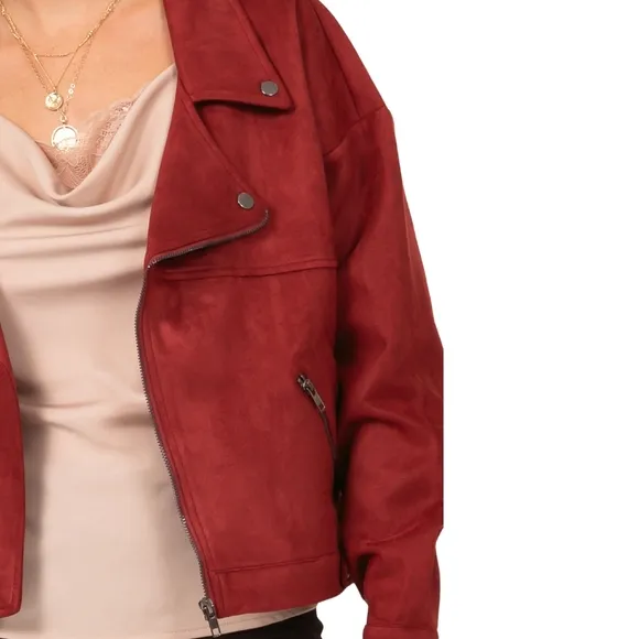 Chic Faux Suede Burgundy Moto Jacket