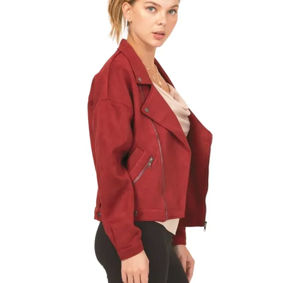 Chic Faux Suede Burgundy Moto Jacket