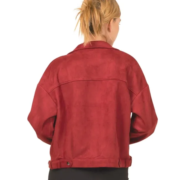 Chic Faux Suede Burgundy Moto Jacket